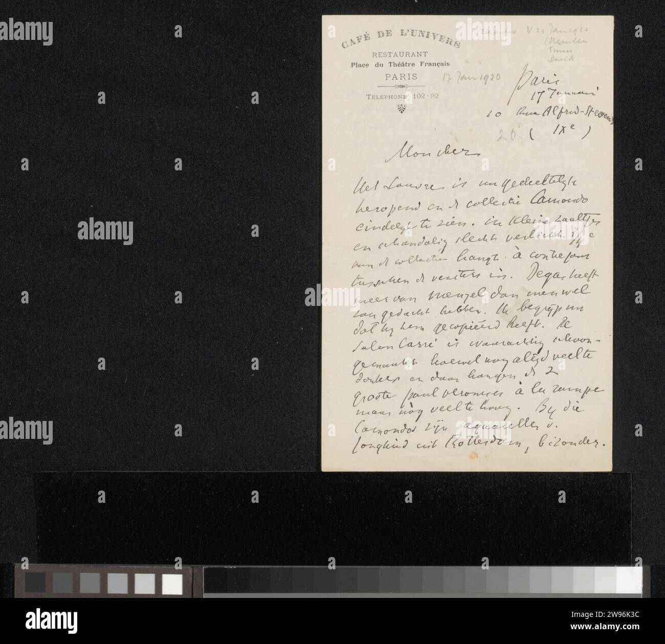 Lettera a Jan Veth, Isaac Israels, 1875 - 1925 lettera del 17 gennaio. In seguito 17 gennaio 1920. Giornale di Parigi. scrittura a inchiostro (processi)/penna/stampa di persone storiche (ritratti e scene della vita). commercio d'arte, negozio d'arte. mostra ~ pittura artistica (compresa l'illuminazione di libri, la pittura in miniatura). Le arti grafiche Rotterdam. Parigi Foto Stock