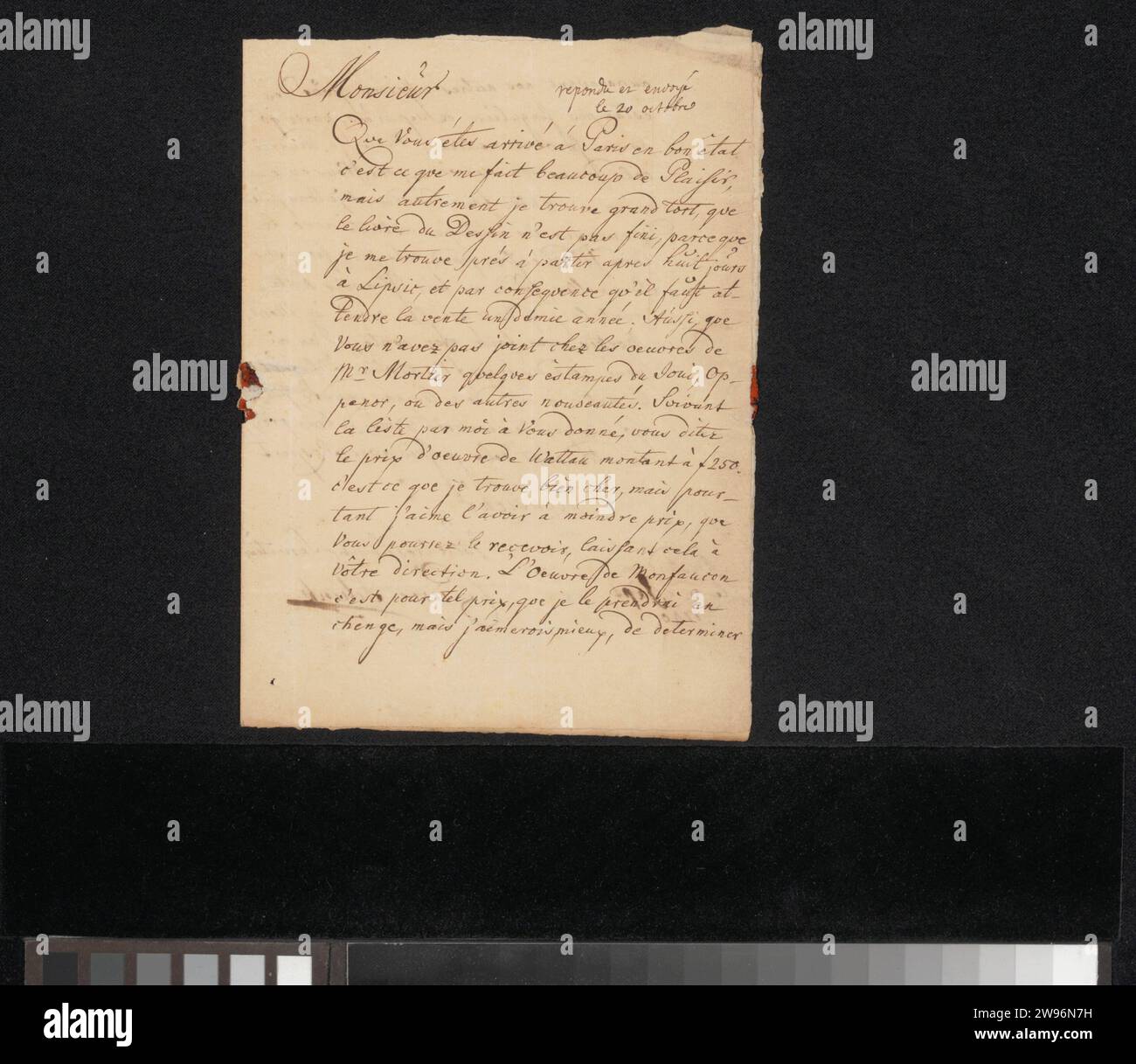 Lettera a Charles-Antoine Jombert, Pieter Schenk (II), 1740 lettera Amsterdam paper. scrittura a inchiostro (processi) / materiale stampato a penna. arte grafica, arte, negozio d'arte. Disegnare Parigi Foto Stock