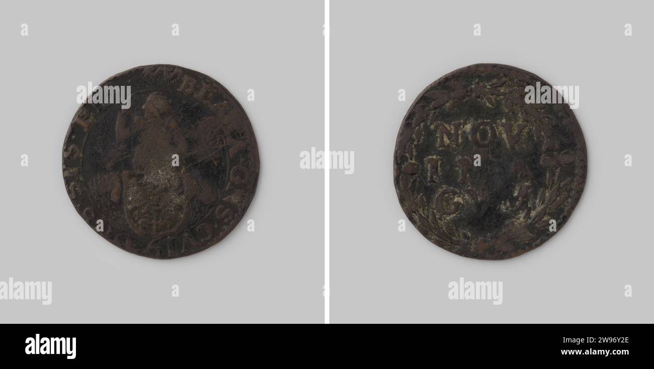 Regalo Nijmegen, città di Nijmegen, 1618 - 1620 monete di menta di rame. Fronte: Vergine seduta in un giardino con un braccio destro rialzato e uno stemma urbano per lei. Inverso: In iscrizione Lauwerkrans: Nome della città in tre righe. Rame Nijmegen (metallo) battente (lavorazione dei metalli) Foto Stock