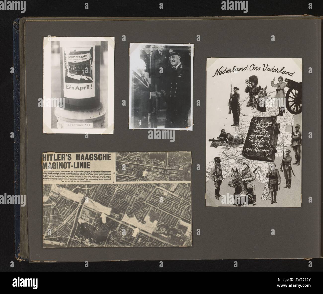 Street poster and tribute, Anonymous, 1944 - 1945 Fotografia album rivista con quattro foto di un manifesto anti-tedesco, una foto aerea della demolizione tedesca a Scheveningen, Principe Bernhard e un tributo alle vittime dell'invasione tedesca del 10-14 maggio 1940. Parte dell'album fotografico sulla vita familiare dei membri della Royal House tra il 1937 e il 1945. supporto fotografico. Poster Scheveningen con stampa in argento e gelatina di cartone Foto Stock