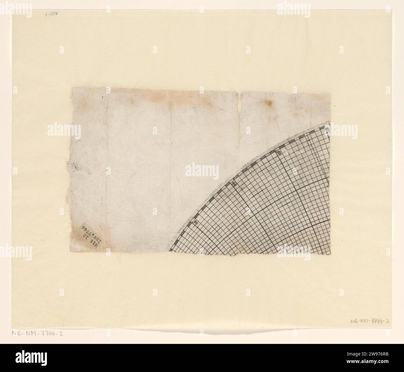 Frammento della rete di carte dell'emisfero settentrionale, anonimo, in o prima della stampa del 1596 frammento di una rete di carte, numerato 20, 30, 40, 50. Una rete di linee utilizzate per la posizione. Una rete semicircolare di linee; il sistema di meridiani terrestri e paralleli nella proiezione stereografica equatoriale. La rete della scheda è stata probabilmente utilizzata in combinazione con la guida di lunghezza di Plancius. Carte per incisione nei Paesi Bassi del Nord, atlanti Foto Stock