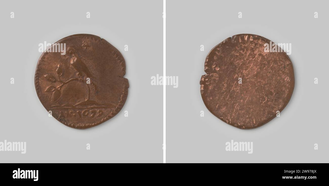 4 Duiten van Suriname, 1679 , 1679 Coin Mecca di rame. Fronte: Un pappagallo su un ramo con quattro foglie. Inoltre, indicazione del valore: 4. Anno: An. 1679 nel taglio sottostante. Inverso: Un albero ornamentale o scivoloso. rame (metallo) a percussione (lavorazione dei metalli) Foto Stock