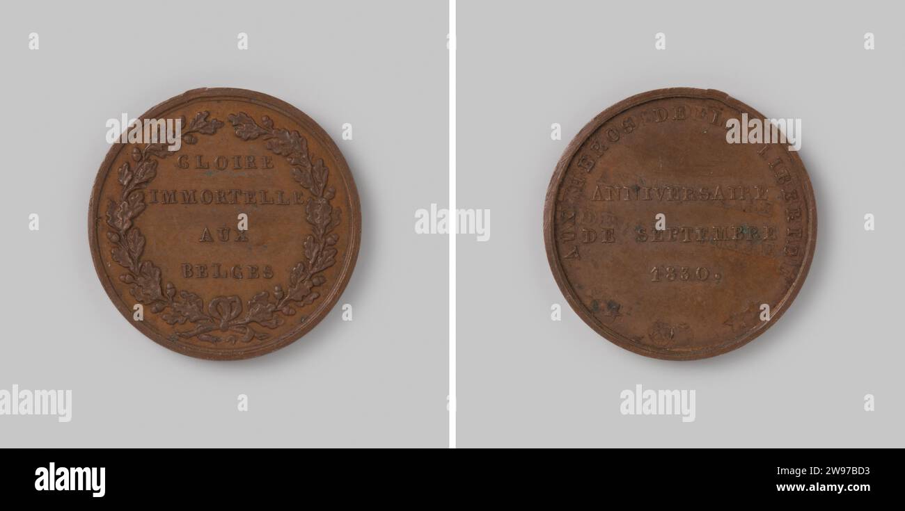Primo compleanno della Rivoluzione belga, M. Borrel, medaglia di bronzo 1831. Parte anteriore: Iscrizione all'interno di Eikekrans. Rovescio: Iscrizione all'interno di Omnipia Bronze (metallo) Bearing (lavorazione dei metalli) Brussels Foto Stock