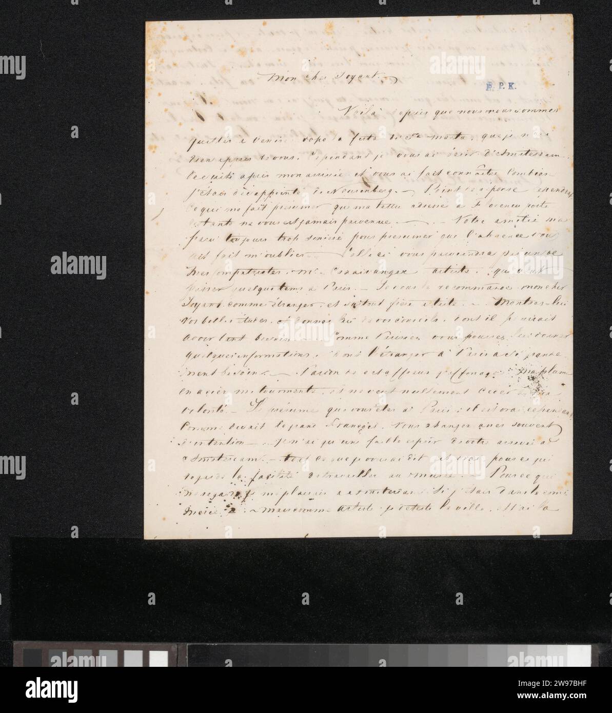 Lettera a Jules Romain Joyant, Abraham van de Velde (1807-), lettera del 1839 Amsterdam paper. Scrittura inchiostro (processi) / penna Venezia. Norimberga. Amsterdam Foto Stock