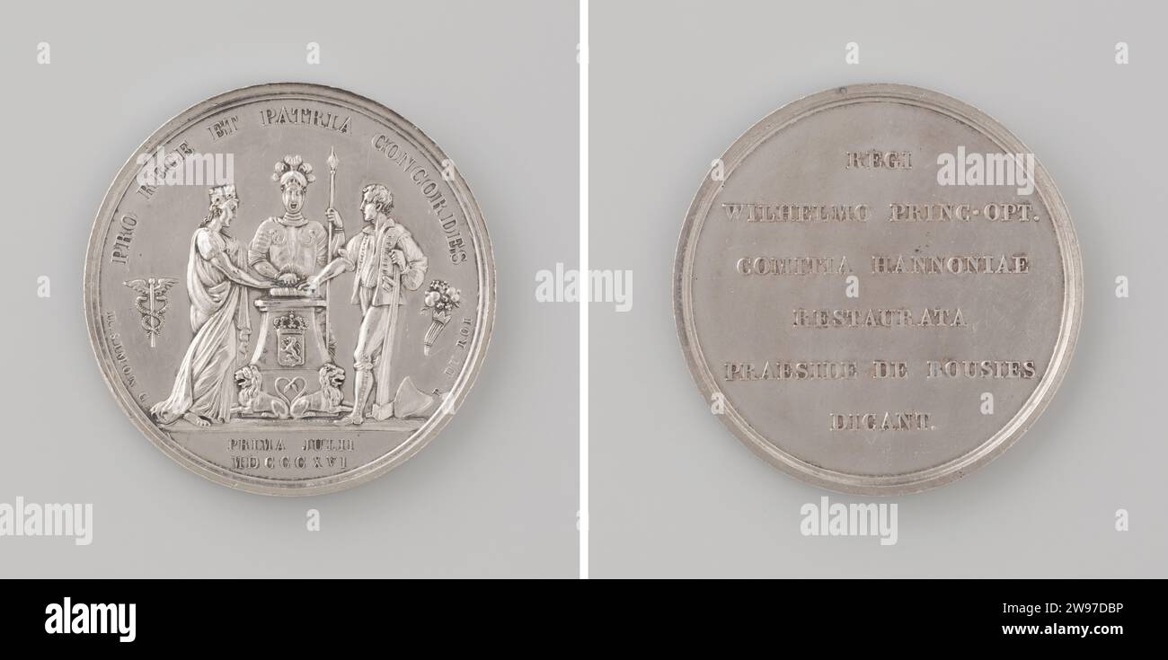 Omaggio a Guglielmo i Frederik, re dei Paesi Bassi, Penning colpito dagli stati di Hainaut sotto la presidenza delle Bousies, Jean Henri Simon, medaglia d'argento nel 1816. Fronte: Donna con corona, cavaliere con lance e uomo con squadra, rappresentanti delle città, cavalierato e campagna, che poggia una mano su un libro che è sull'altare; basato su uno stemma coronato d'altare; ci sono due leoni ai piedi dell'altare, le cui code sono intrecciate insieme; sulla sinistra bastone di mercurio, corno pieno a destra di abbondanza all'interno del cambiamento; Cut: Inscription. Inverso: Iscrizione Bruxelles Silver (me Foto Stock