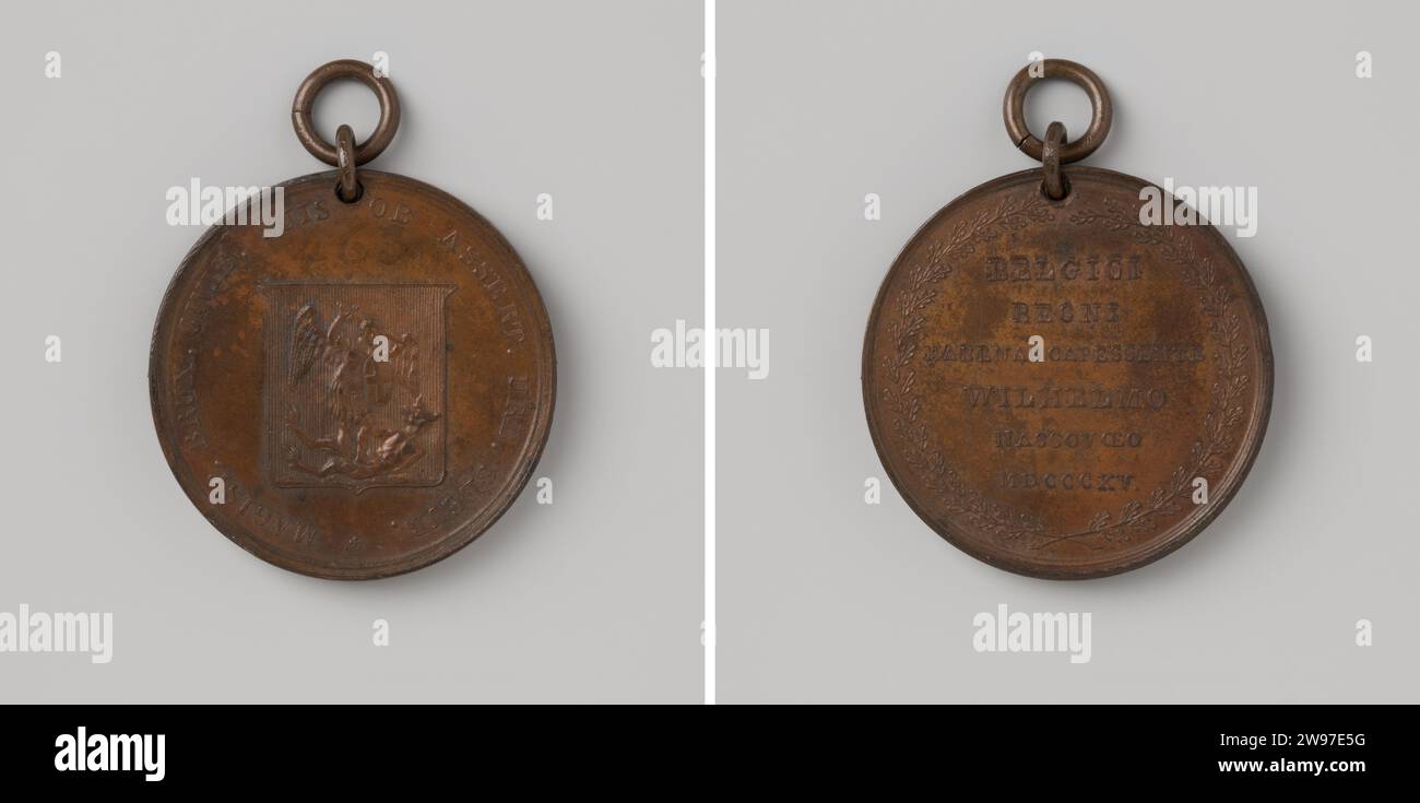 Difesa di Bruxelles, Penning attraverso la città assegnato alla borghesia armata, Anonymous, 1815 medaglia di bronzo a due anelli di trasporto. Parte anteriore: Stemma all'interno. Rovescio: Iscrizione dentro Eikekrans Brussels bronzo (metallo) percussione (lavorazione dei metalli) Bruxelles Foto Stock