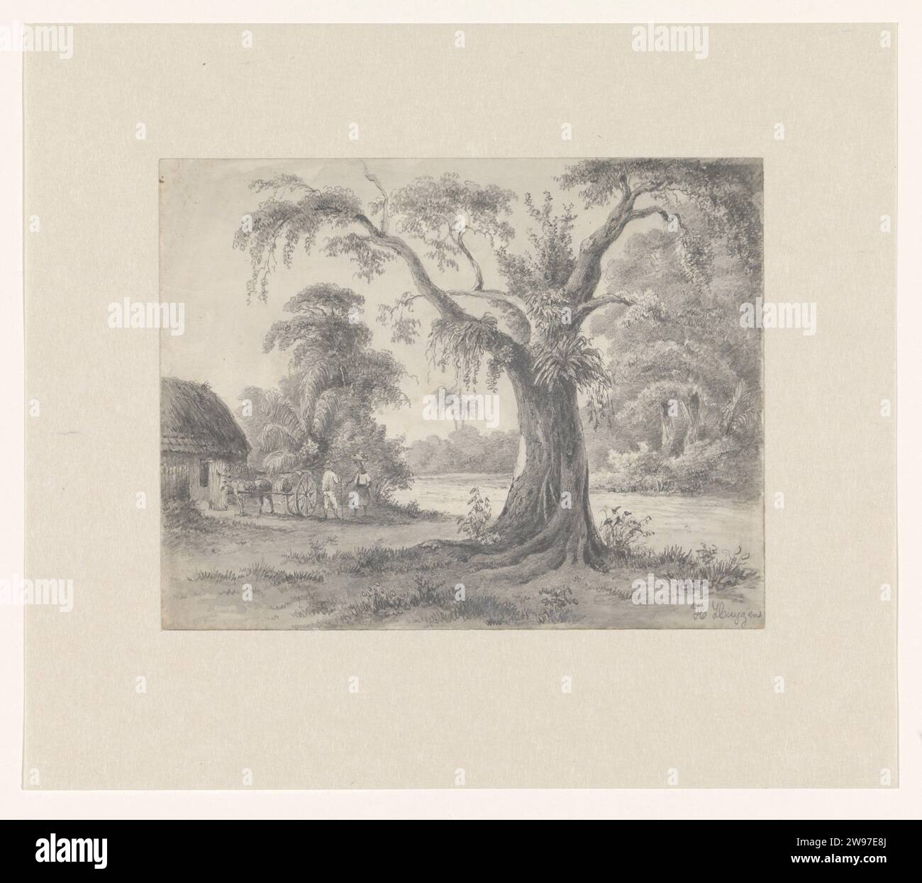 Paesaggio con albero e capanna con cavallo e carrozza e due figure, dopo il 1849 - prima del 1851 disegno paesaggio con albero e capanna con cavallo e carrozza e due figure. Il fatto che Huygens fosse molto interessato alla flora del Suriname è evidente dalla dettagliata rappresentazione dell'albero e dal posto prominente che diede all'albero sul disegno. E' uno dei pochi disegni firmati che conosciamo da Huygens. Carta Paramaribo. Paesaggi a matita nelle regioni tropicali e subtropicali del Suriname Foto Stock