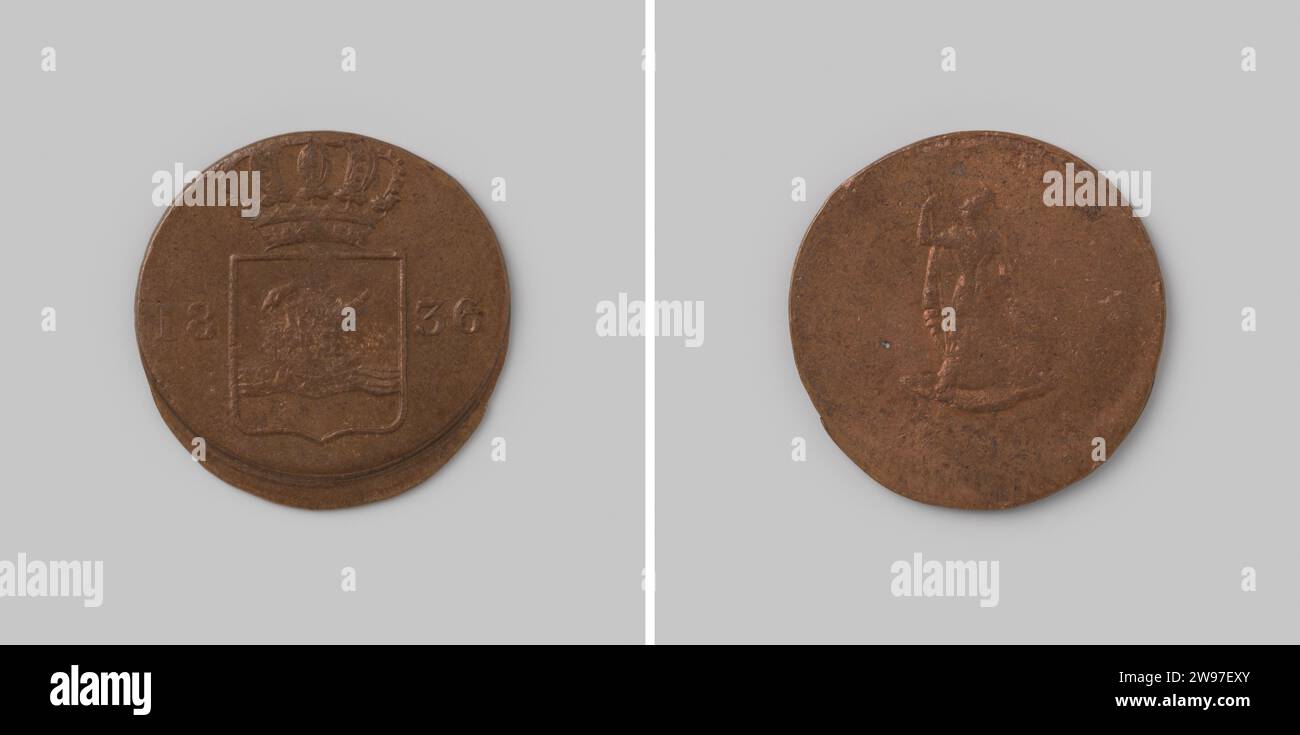 Zwaantjesduit per le Indie Orientali olandesi, 1836, sconosciuto, 1836 moneta moneta moneta di prova in rame. Fronte: Tra l'anno coronato stemma, in cui Zwaan. Inverso: Figura di Pallas. Bordo liscio. rame (metallo) a percussione (lavorazione dei metalli) Foto Stock