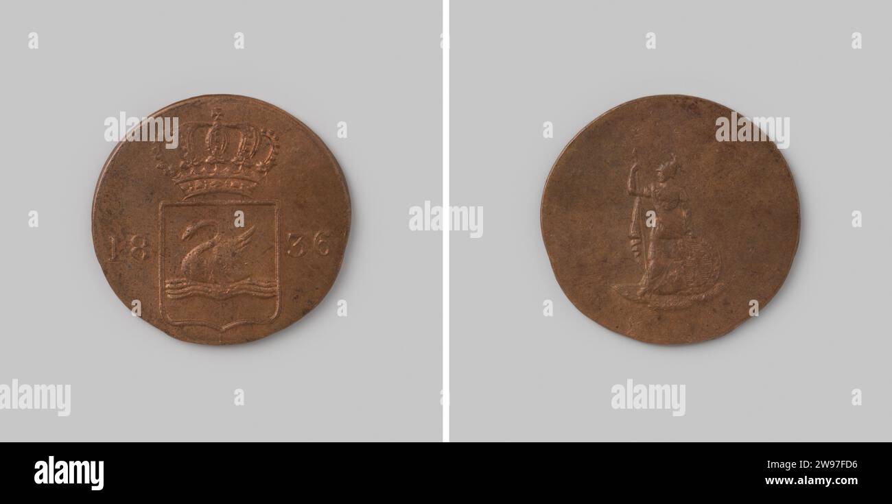 Zwaantjesduit per le Indie Orientali olandesi, 1836, sconosciuto, 1836 moneta moneta moneta di prova in rame. Fronte: Tra l'anno coronato stemma, in cui Zwaan. Inverso: Figura di Pallas. Bordo liscio. rame (metallo) a percussione (lavorazione dei metalli) Foto Stock
