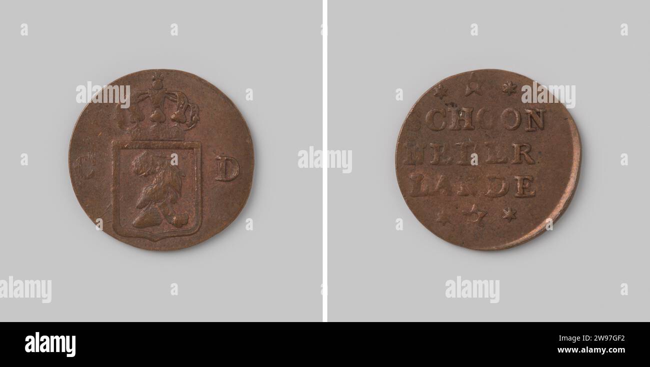 Leeuwenduit per le Indie Orientali olandesi, Unknown, moneta da 1836 monete in rame. Fronte: Tra le lettere C e D coronato stemma, in cui seduto leone a destra. Inverso: Iscrizione a tre facce, sopra e inclusa la stella. Bordo liscio. rame (metallo) a percussione (lavorazione dei metalli) Foto Stock