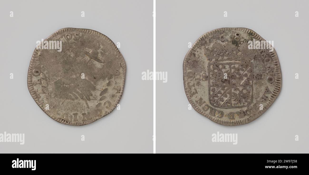 Aggiungendo le controversie tra Groningen e Ommelanden, moneta d'argento del 1681. Fronte: Due mani crollate, l'occhio della Provvidenza e Freedom Hood all'interno di Overschruise. Rovescio: Stemma all'interno. Groninga argento (metallo) percussione (lavorazione dei metalli) Groningen. Ommelanden. Groninga (Provincia) Foto Stock