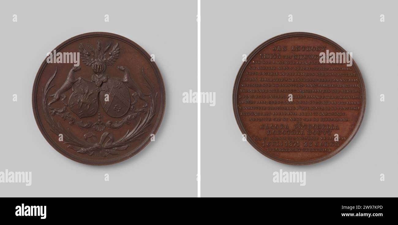 Venticinque anni di matrimonio tra Jan Anthony Smits van Nieuwerkerk, membro degli stati dell'Olanda meridionale e Jacoba Petronella Dorothea Bouvy a Dordrecht, Jacob Samuel Cohen Elion, medaglia di bronzo del 1871. Fronte: Due stemmi sotto un elmetto alato, fiancheggiato da due animali sopra due rami di palma legati. Inverso: Iscrizione Amsterdam bronzo (metallo) percussione (lavorazione dei metalli) Dordrecht Foto Stock