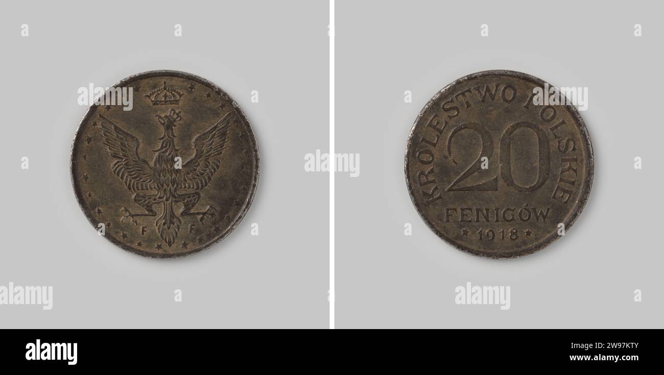 20 Fenigow dalla Polonia, occupazione tedesca, 1918 , 1918 moneta zecca di ferro. Anteriore: Aquila coronata con ali sparse. Sotto ciascuna lettera F [= stoccarda]. Sopra quel Kroon. Inverso: Designazione del valore in due righe. Sotto quell'anno. Bordo liscio. Ferro di Stoccarda (metallo) battente (lavorazione dei metalli) Foto Stock