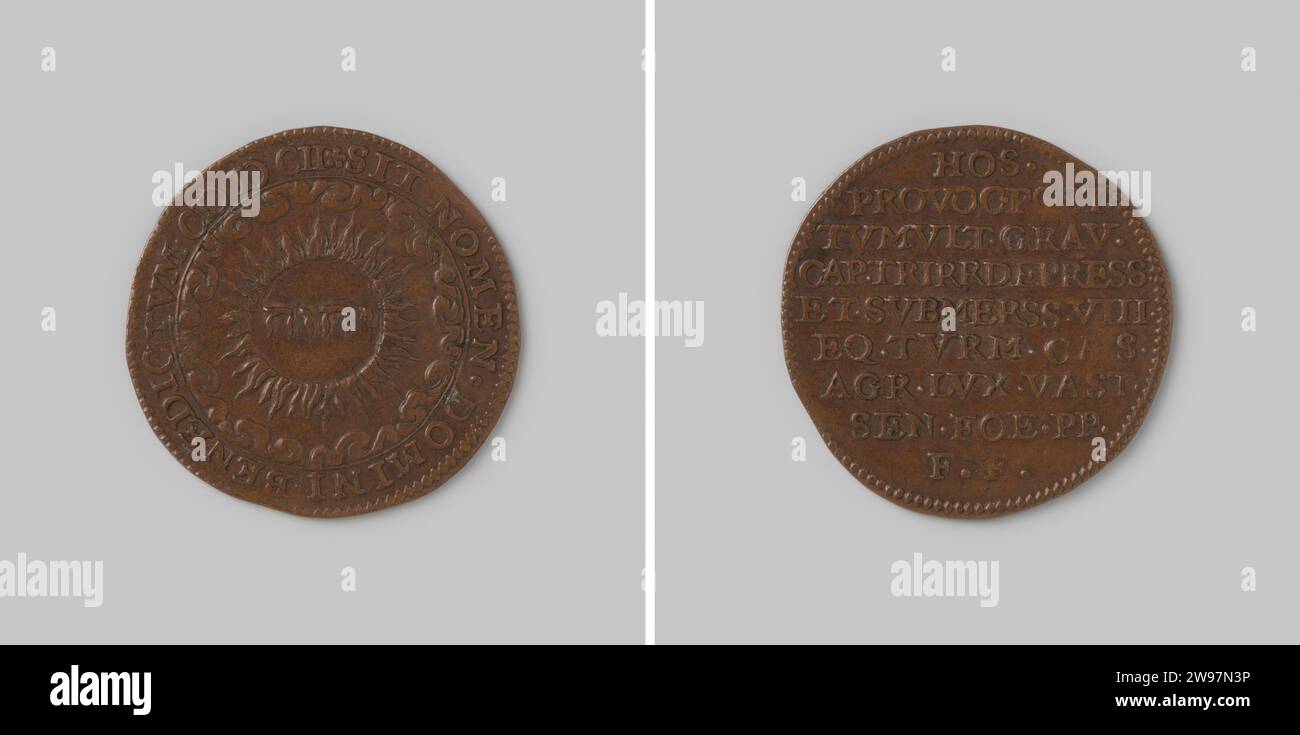 Medaglia di calcolo da Dordrecht sulla distruzione del Lussemburgo 1602 , 1602 medaglia di storia. Medaglia di rame jeton, sul fronte il nome ebraico di Dio all'interno di una corona di fiamma, con un cambiamento, nove righe di testo sul lato negativo. rame (metallo) a percussione (lavorazione dei metalli) Foto Stock