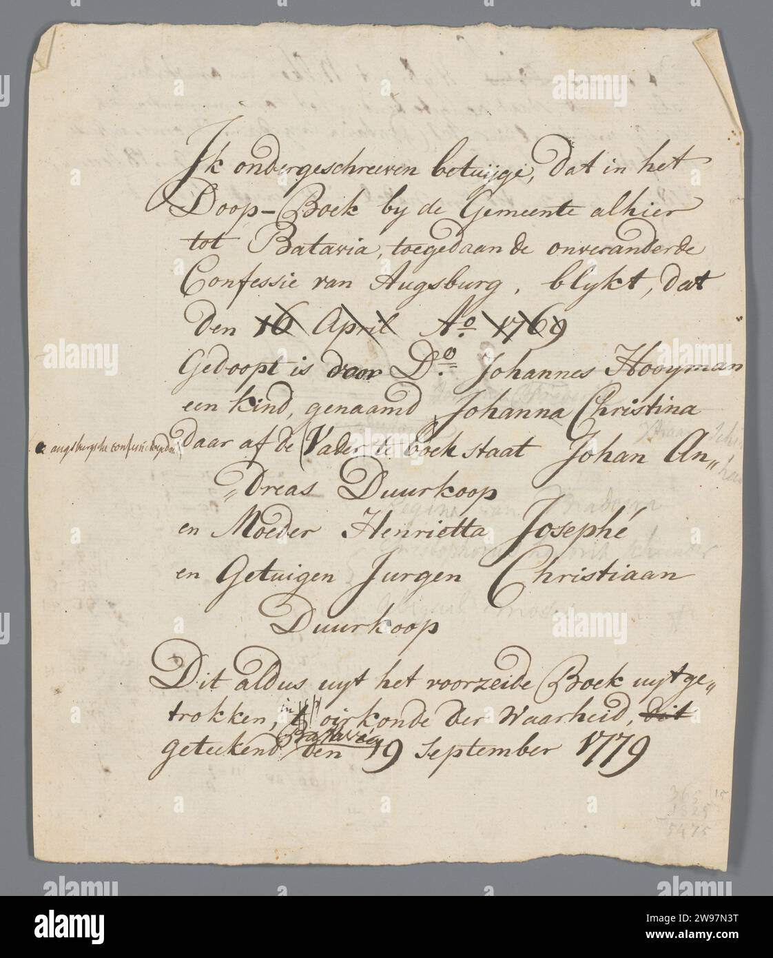 Estratto dal registro battesimale, Anonimo, 1779 - 1782 documento. Letter Leaf descritto su due lati. Recto: Estratto dal registro battesimale di Johanna Christina Duurkoop (battezzato il 16 aprile 1769) del 19 settembre 1779. Verso: Conferma della registrazione di J.H. Borbecker come membro della Chiesa luterana di Batavia, 18 dicembre 1782. Parte di un gruppo di documenti di Jan Brandes dal suo tempo come pastore presso la chiesa luterana di Batavia 1779-1785. Carta Batavia. Penna di inchiostro Batavia Foto Stock