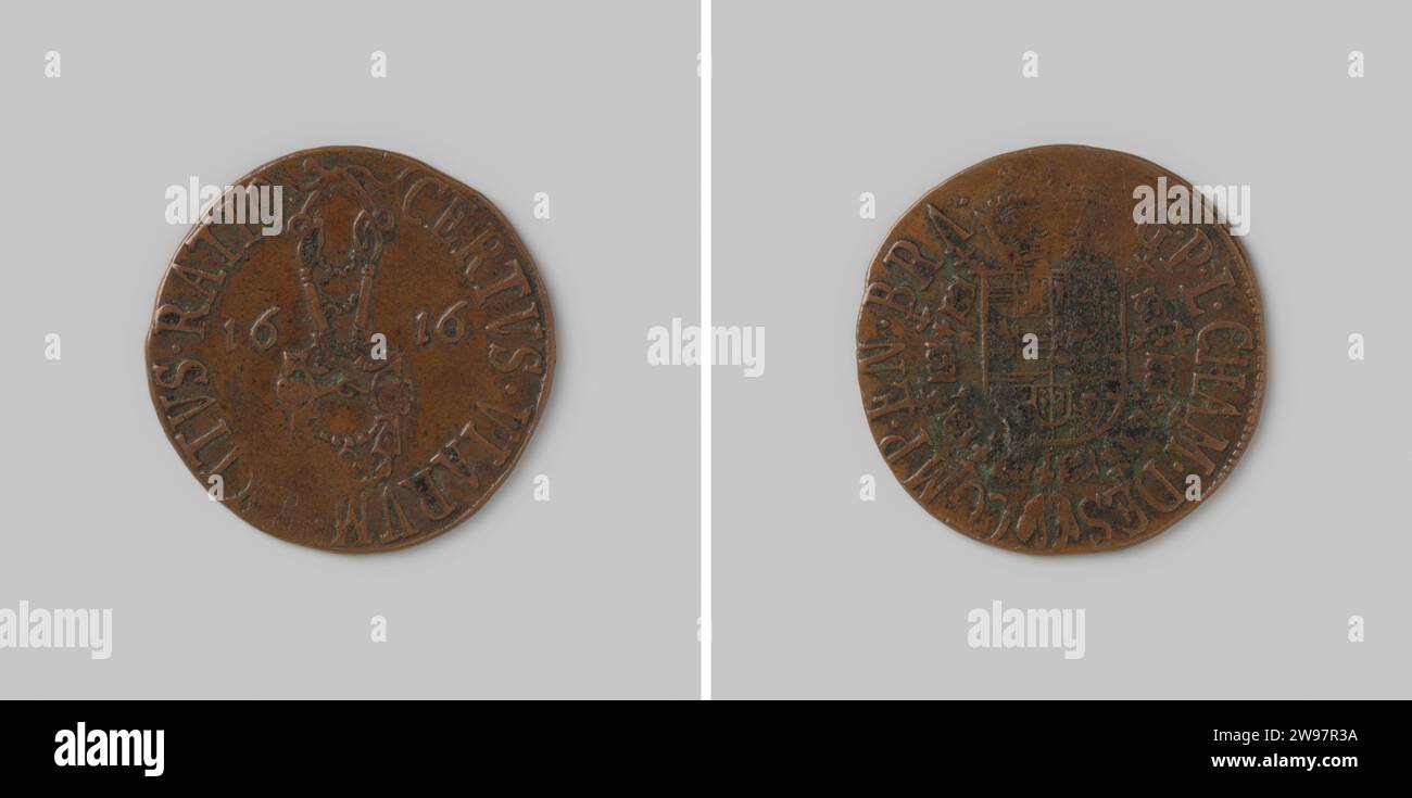 Medaglia di calcolo per la Corte dei conti del Brabante sulle campagne in Gulikerland 1616 , 1616 medaglia di storia. Jeton Copper Medal, sul fronte un pezzo di cavallo, con un anno in campo e cambio, lo stemma spagnolo coronato con la catena del vello d'oro sul retro, con un cambiamento. rame (metallo) a percussione (lavorazione dei metalli) Foto Stock