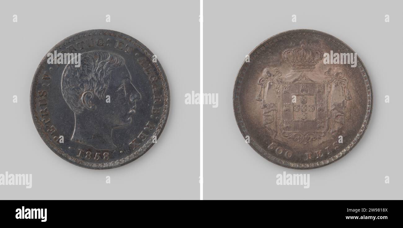 5 Tostaes di 500 viaggio dal Portogallo di re Pedro V, 1858 , 1858 Coin d'argento. Fronte: Testa del re a destra. Sotto quell'anno. Rovescio: Sullo stemma del mantello coronato. Designazione del valore: 500 corsa in basso. Bordo cartello. argento (metallo) a percussione (lavorazione dei metalli) Foto Stock