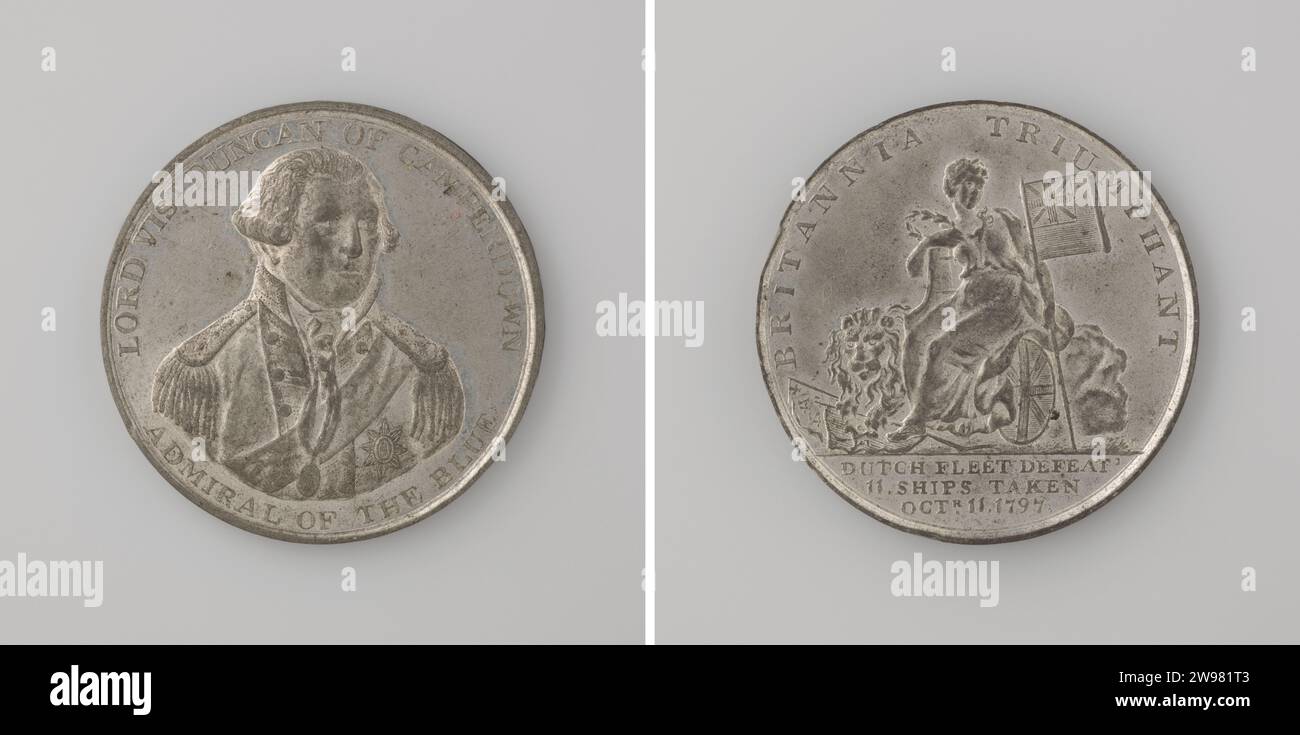 Battaglia di Kamperduin, in onore di Adam Duncan, ammiraglio della flotta britannica, Anonymous, medaglia di storia del 1797 medaglia d'argento. Parte anteriore: Cambio uomo seno. Rovescio: Grande Britannia, raffigurata come una donna con stendardo, corona d'alloro e stemma, appoggiata contro il timone della nave; oltre al suo leone, quei due stendardi tendono all'interno di Kerschrift; Cut: Inscription England Silver (metallo) striking (lavorazione dei metalli) Battle of Camperdown Kamperduin Foto Stock