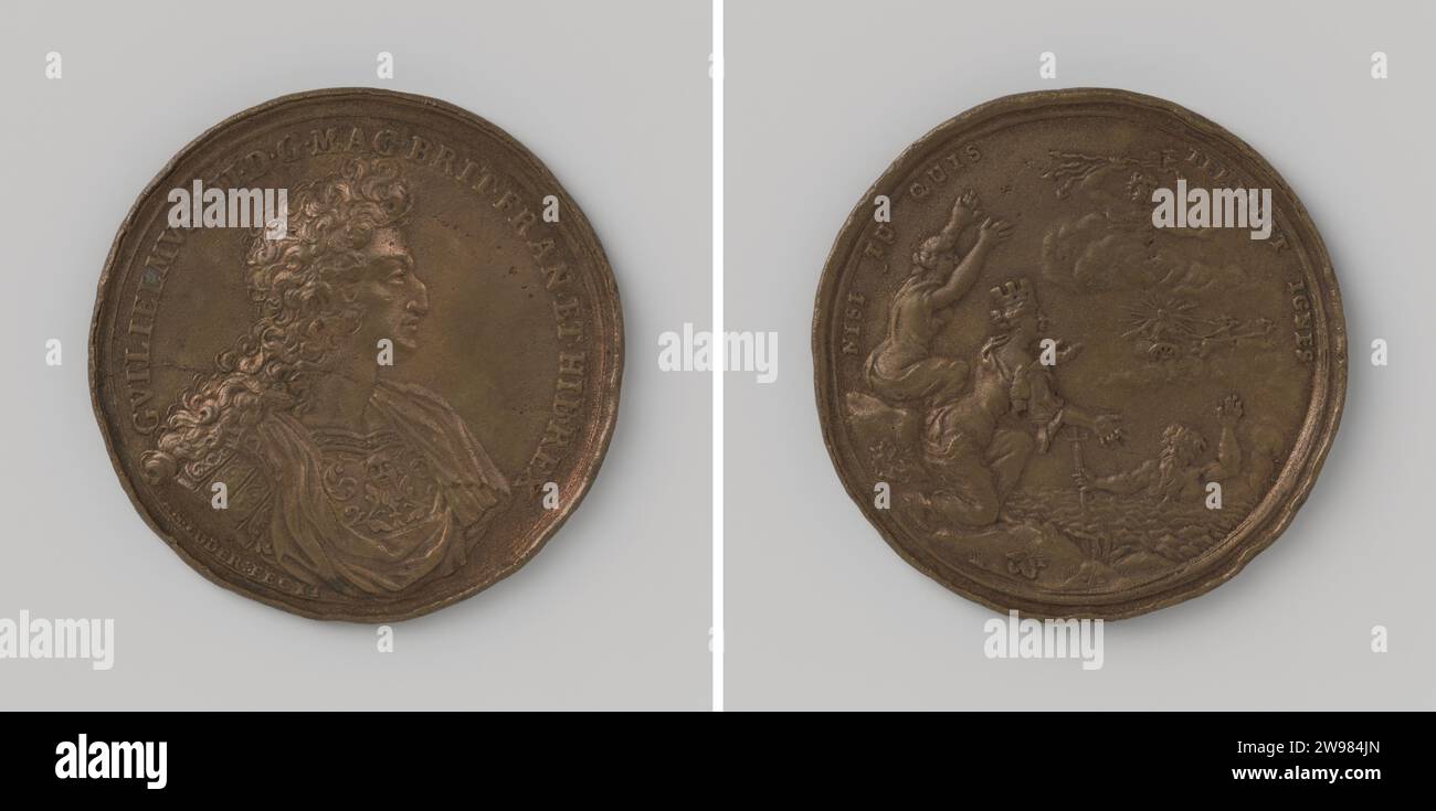 Willem III chiamato in Irlanda, Jan Luder (i), 1690 copia. Medaglia di storia medaglia di bronzo. Parte anteriore: Cambio uomo seno. Ferrovia: Neptunus con il riso tridente fuori dal mare; Tellus e la ninfa incoronata Jupitter implorano a terra di colpire Phaeton in un carro solare con il suo fulmine all'interno di Koverschrift Amsterdam bronzo (metallo) colpisce (lavorazione dei metalli) Irlanda Foto Stock