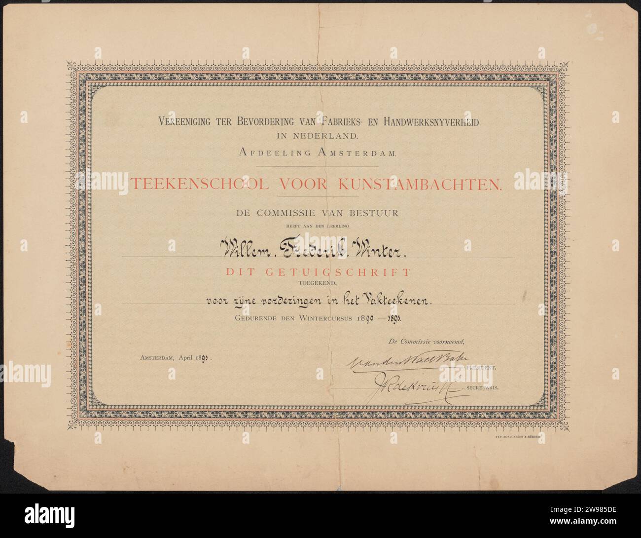 Certificato per Willem Frederik Winter, Crafts School Quellinus, 1891 Amsterdam paper. stampa/scrittura a inchiostro (processi)/formazione sulla penna, insegnamento dell'artista (in generale) Foto Stock