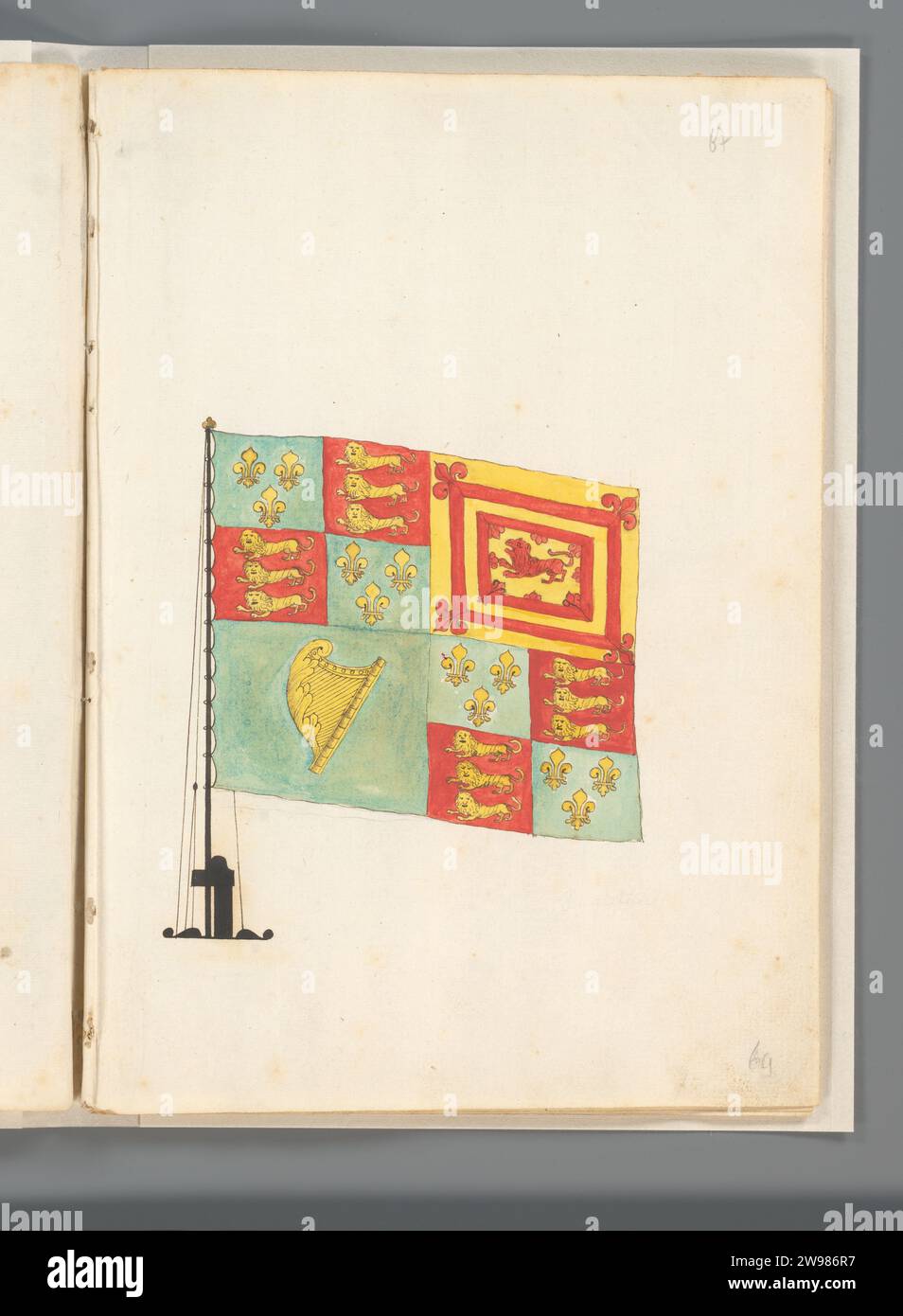 Bandiera di Gran Bretagna, Anonimo, 1667 - 1670 bandiera da disegno di Gran Bretagna. Il Royal Standard guidato dal Regno Unito. Suddiviso nei quattro quarti: Primo e quarto quarto quarto per Francia e Inghilterra, secondo quindici minuti per Scozia e terzo per Irlanda. Bandiera sulla base del montante e del flagsteng. Mostrato in folio 35r. Parte di un libro di bandiere con bandiere provenienti dall'Europa, dal Nord Africa, dal vicino e dall'Estremo Oriente. Carta francese. inchiostro. pennarello pennarello/pennello ad acquerello, colori (come simbolo dello stato, ecc.) Gran Bretagna Foto Stock
