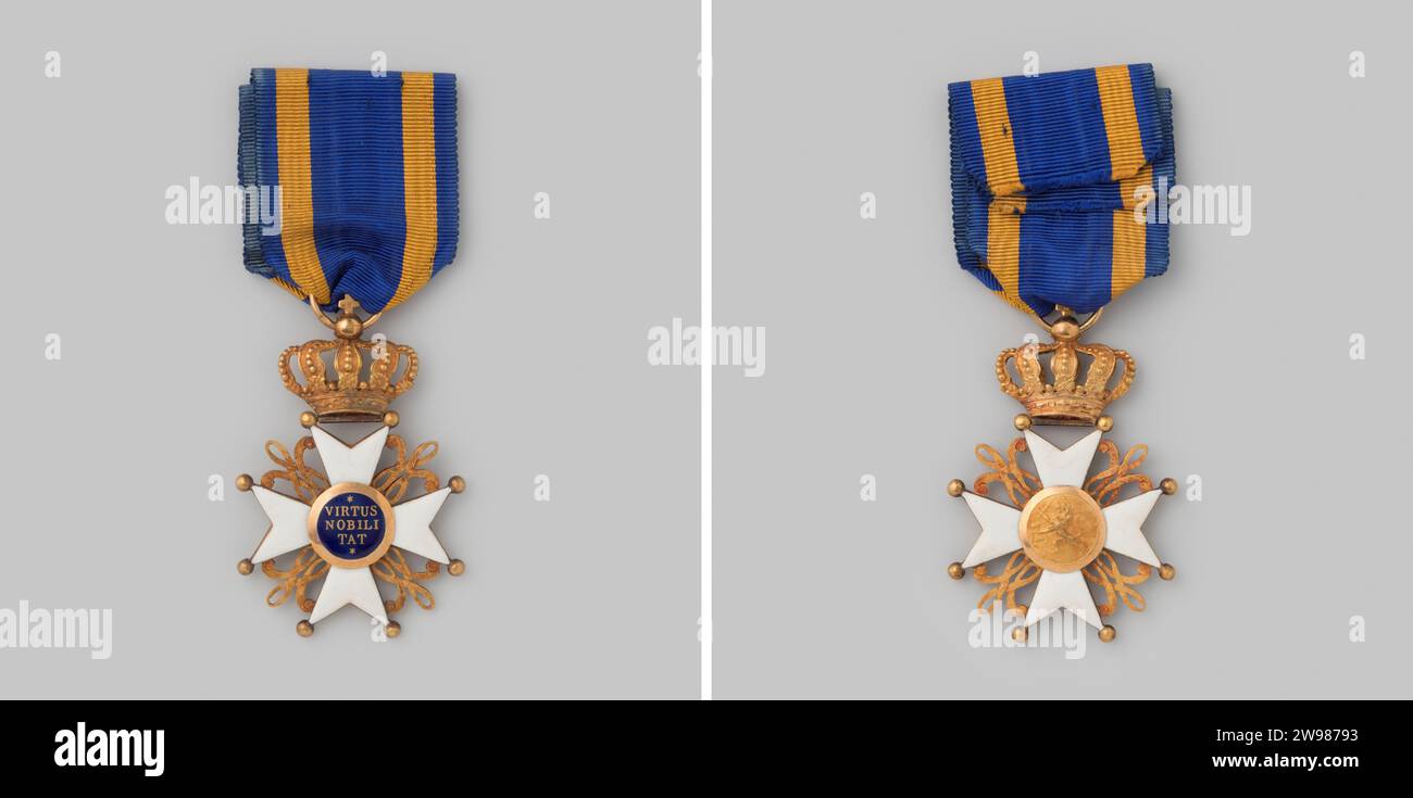 Croce di cavaliere dell'ordine del Leone dei Paesi Bassi, Anonimo, a partire dal 1815 - in o prima del 1894 sacchetto in argento dorato con e-mail, bottone, anello e nastro. pennarello: argento (metallo). penning: doratura (materiale). kruis:. pelucchi: materiali tessili dorati Foto Stock