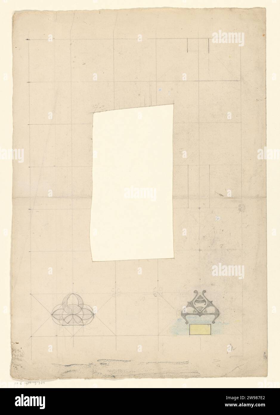 Telaio rettangolare con divisione della superficie e due ornamenti, Reinier Willem Petrus de Vries (1874-1953), carta da disegno 1884 - 1952. fiori a matita  ornamento Foto Stock