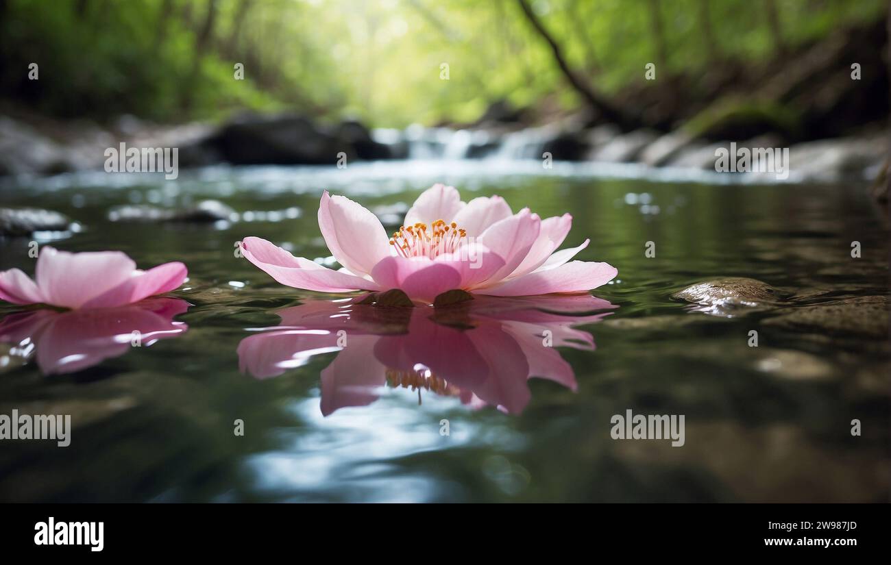 Un delicato petalo in fiore di ciliegio galleggia sull'acqua ferma, una testimonianza della bellezza effimera in un tranquillo ruscello forestale Foto Stock
