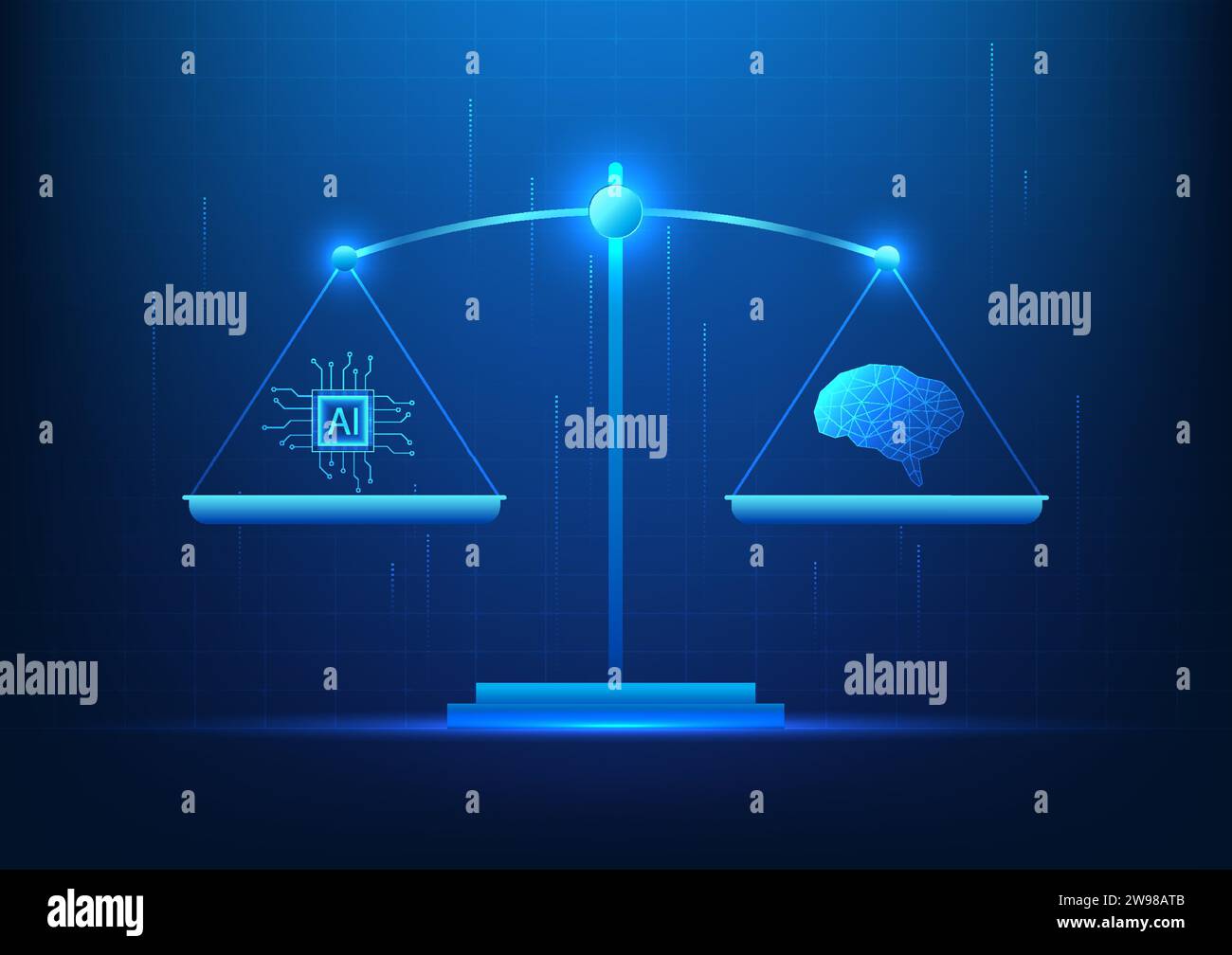 Bilancia tecnologia intelligenza artificiale bilancia con il cervello umano mostra come l'intelligenza artificiale e il cervello umano funzionano con prestazioni simili. Illustrazione Vettoriale