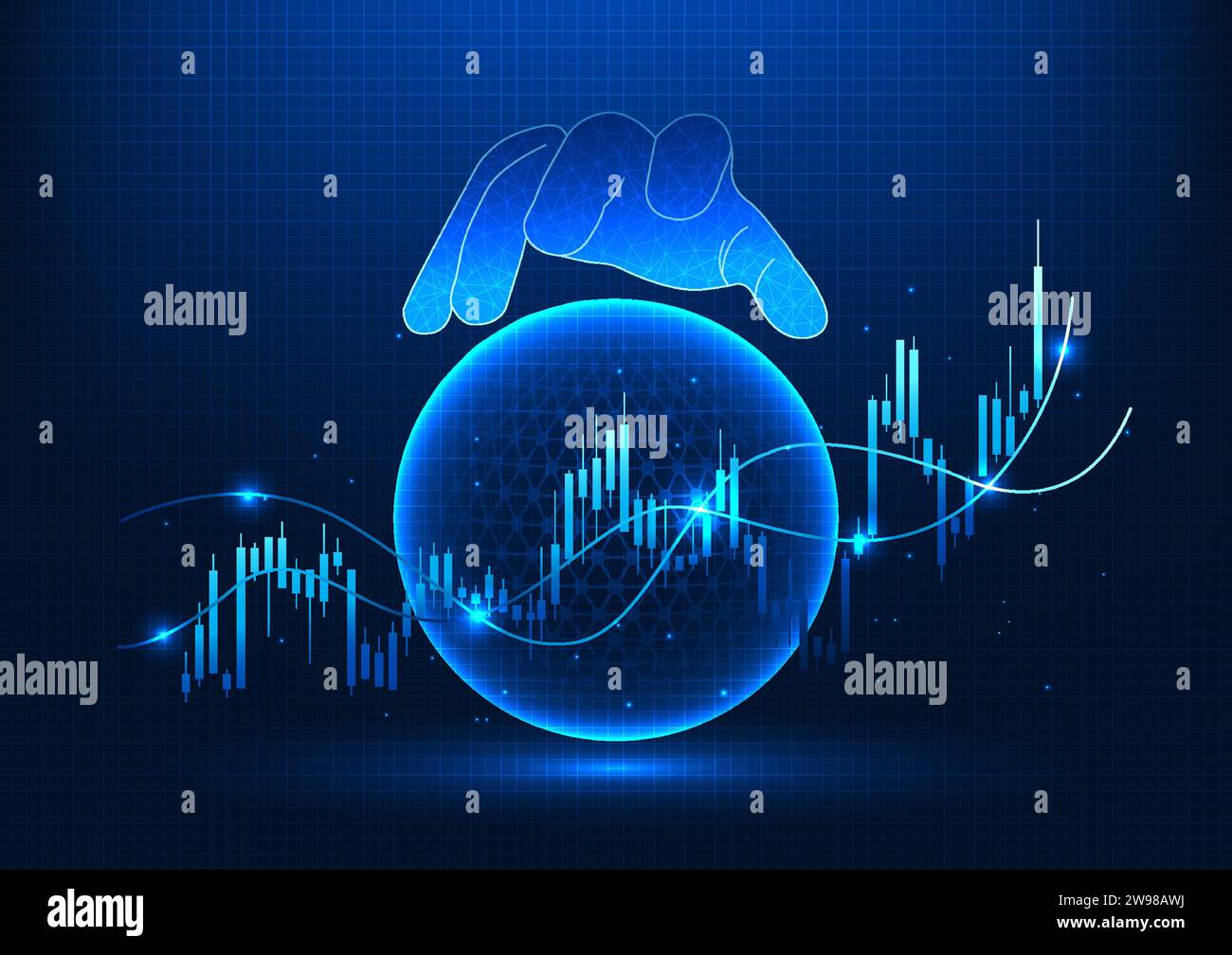 Tecnologia con grafico delle azioni che mostra il valore delle aziende sul mercato azionario per consentire agli investitori di unirsi all'azienda e di espandere la mano dell'azienda Illustrazione Vettoriale