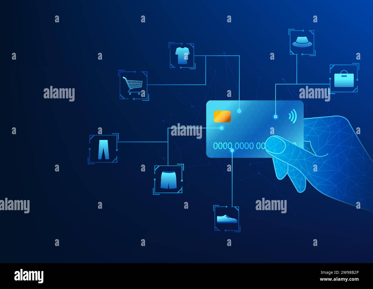 La tecnologia finanziaria e-commerce, la carta di credito con l'icona CONNECT, mostra l'uso della carta di credito per pagare i prodotti. Acquista i prodotti online, paga Illustrazione Vettoriale