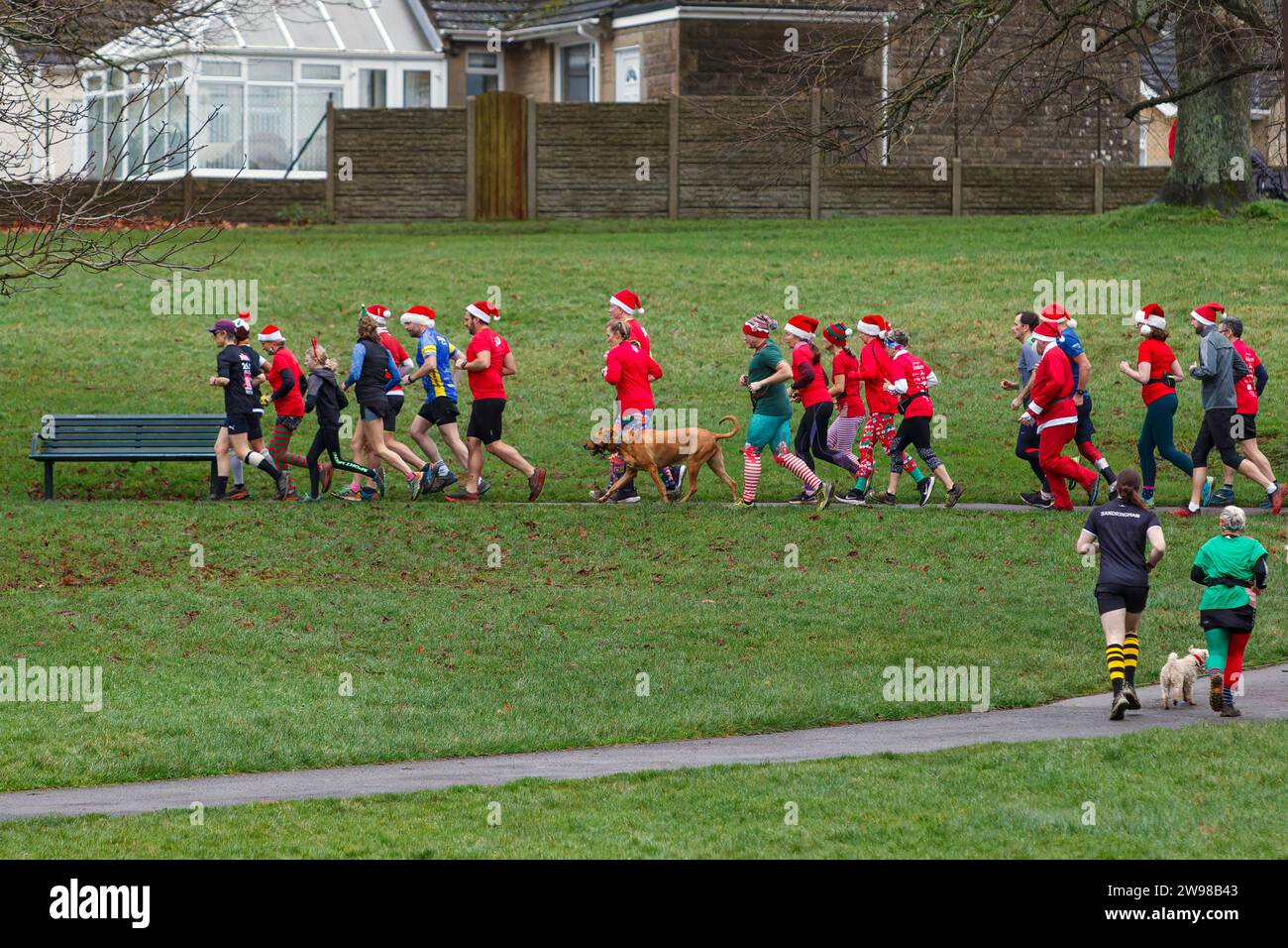 Chippenham, Wiltshire, Regno Unito. 25 dicembre 2023. I corridori sono fotografati mentre prendono parte a una corsa di 5 km nel parco di Monkton Park, Chippenham, il giorno di Natale di prima mattina. La partenza anticipata non ha fatto nulla per attenuare lo spirito natalizio delle 200-300 persone che hanno partecipato all'evento, molte delle quali si sono vestite con abiti eleganti. Credito: Lynchpics/Alamy Live News Foto Stock