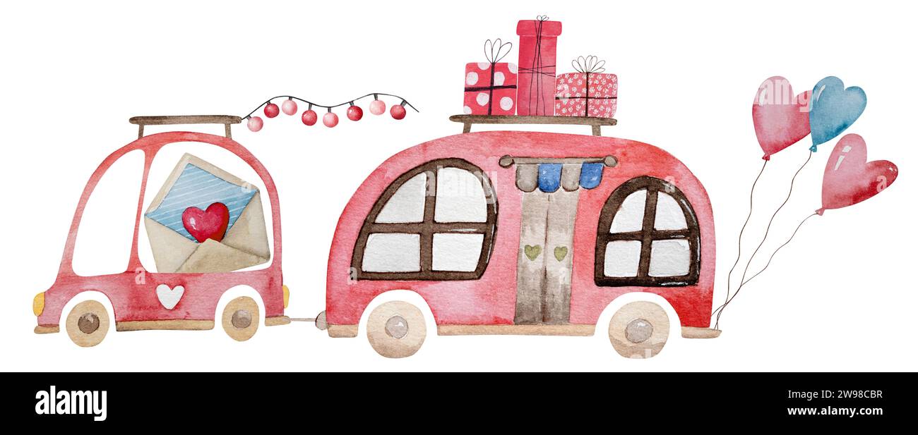 Clipart di illustrazione acquerello disegnato a mano a tema il 14 febbraio, con Un'auto e una casa su ruote con regali di San Valentino Foto Stock