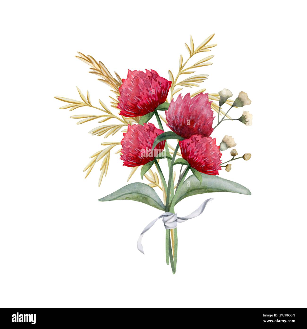 Trifoglio rosso con fiori selvatici e bouquet di erba secca lussureggiante illustrazione acquerello. Disegno botanico per motivi floreali Foto Stock