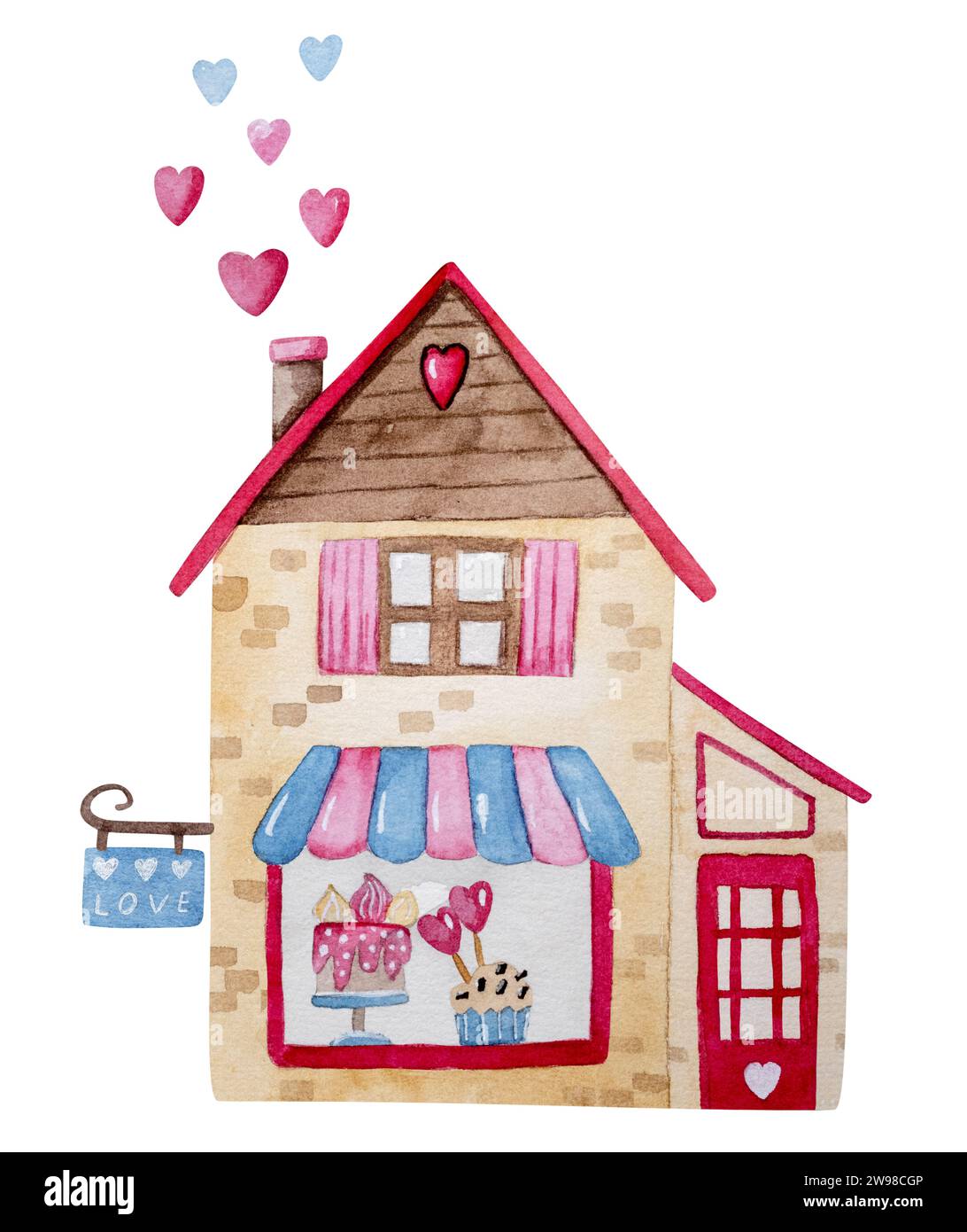 Clipart dell'illustrazione acquerello disegnato a mano a tema per il 14 febbraio, con Un negozio di caramelle con torte, torte e caramelle per San Valentino Foto Stock
