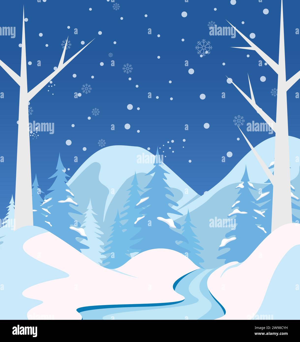 Sfondo piatto per festeggiare la stagione invernale. Paesaggio invernale innevato disegno illustrativo dello sfondo Illustrazione Vettoriale