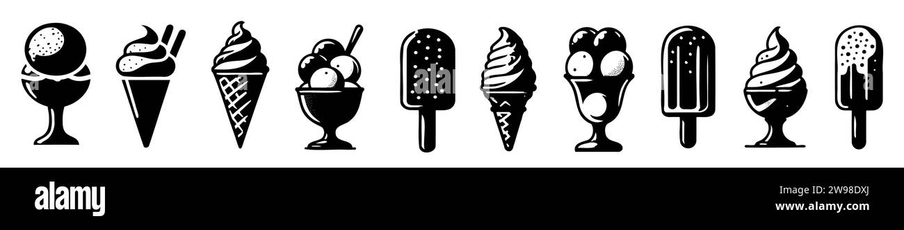 Sketch icone del gelato: Dessert cremosi surgelati, gelato, cono cialde, eskimo caramello o sundae glassa al cioccolato panna montata e gelato alla frutta, palline di vaniglia fresche Illustrazione Vettoriale