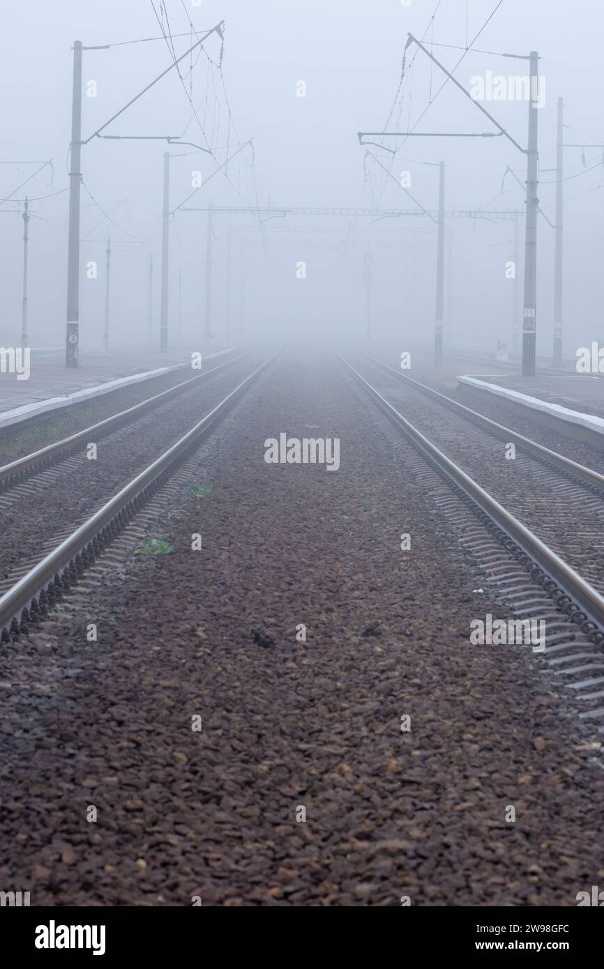 I binari in acciaio si stanno allontanando e scompaiono nella nebbia mattutina Foto Stock