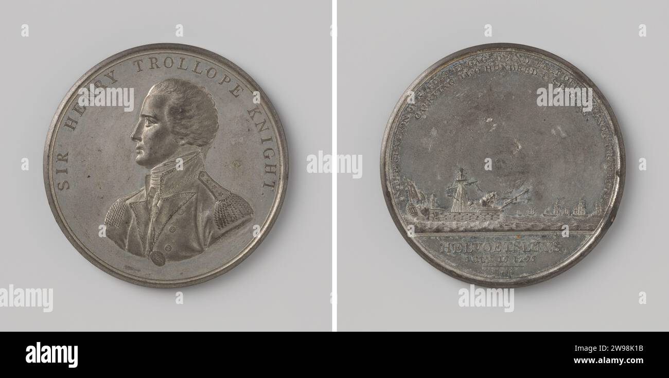Inseguimento di sei fregate francesi a Hellevoetsluis, in onore di Sir Henry Trollope, John Gregory Hancock (Sr.), medaglia di storia del 1797 Menning. Parte anteriore: Cambio uomo seno. Al contrario: Sei navi francesi presero il volo per nave senza alberi, sulla quale Grote Leeuw si trova all'interno di Overschrift; Cut: Inscription. Ferramenta in lega Birmingham Hellevoetsluis Foto Stock