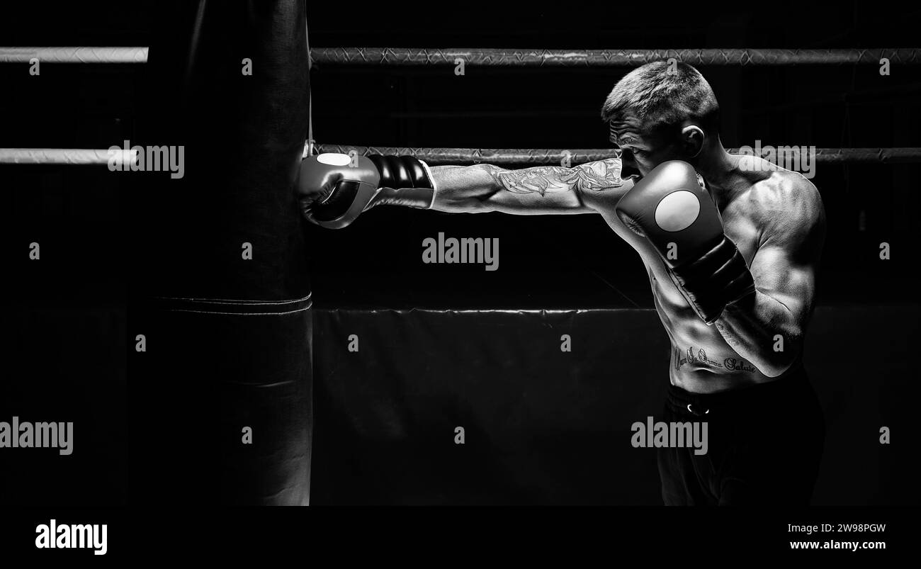 Kickboxer pugni la busta. Allenare un atleta professionista. Il concetto di mma, wrestling, muay thai. Supporti misti Foto Stock