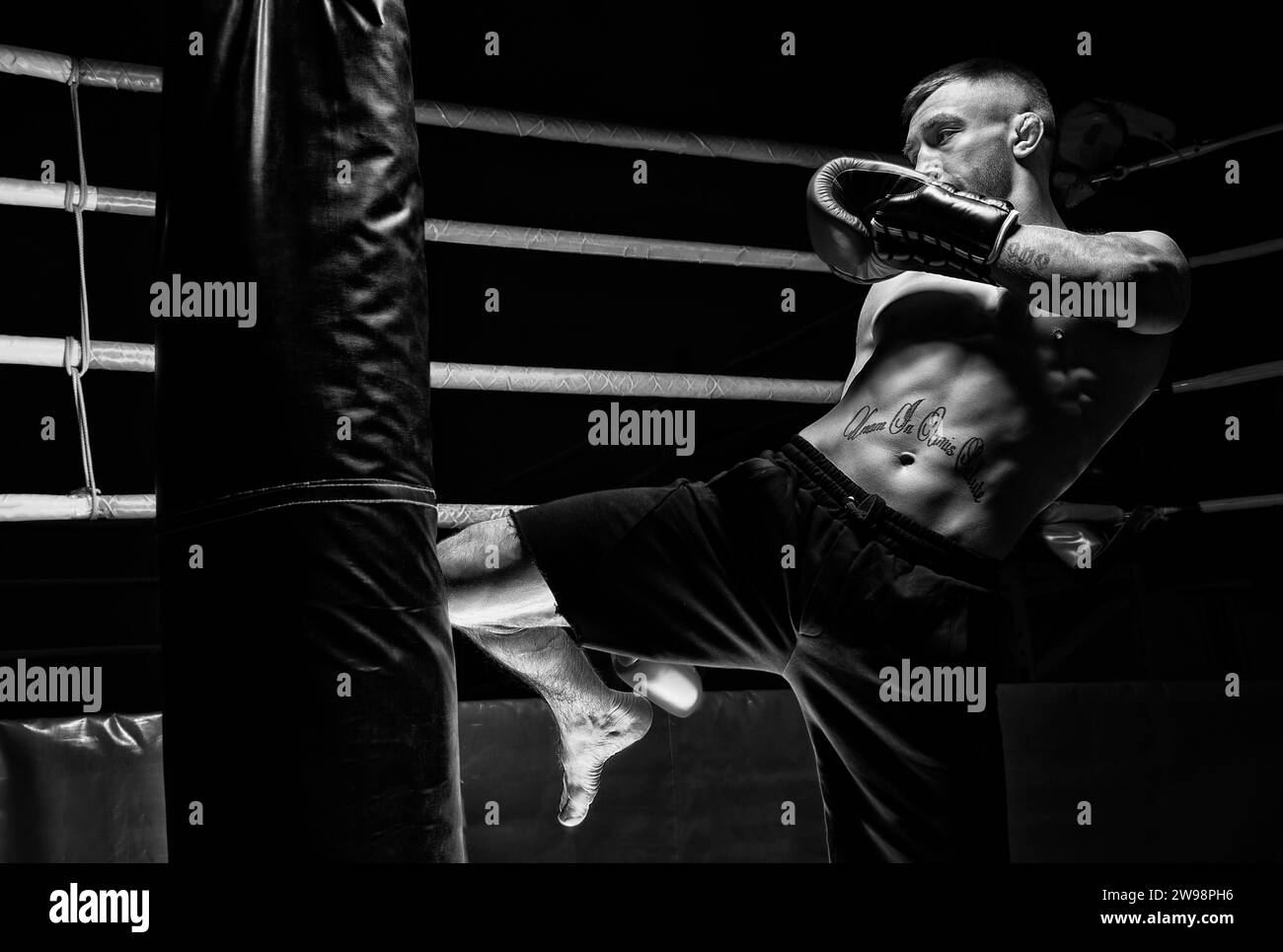 Kickboxer colpisce la borsa con il ginocchio. Allenare un atleta professionista. Il concetto di mma, wrestling, muay thai. Supporti misti Foto Stock