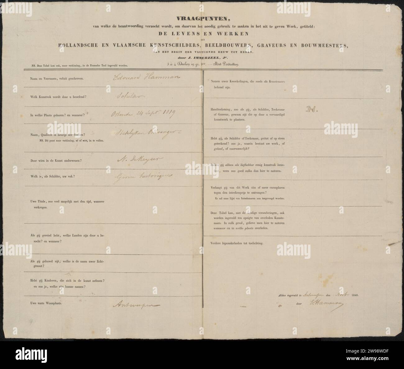 Modulo di indagine compilato da Edouard Hamman, Johannes Immerzeel, 1840 manoscritto di Anversa. scrittura inchiostro (processi) / penna / stampa Foto Stock