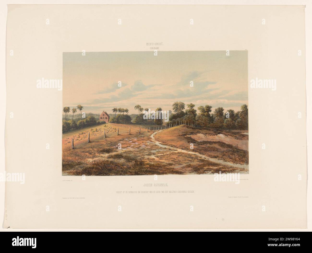 Jodensavanne, Jonkheer Jacob Eduard van Heemskerck van Beest, dopo Gerard Voorduin, 1860 - 1862 stampa veduta della sinagoga e del cimitero di Jewish Savanne. Parte della lamiera "Gezigten from Neerland's West-Indien". Tipografia: Netherlandsprinter: Utrechtpublisher: Amsterdam paper lacquering the Synagogue (come edificio e luogo di culto  religione ebraica). Sistema coloniale Suriname. Ebreo Foto Stock