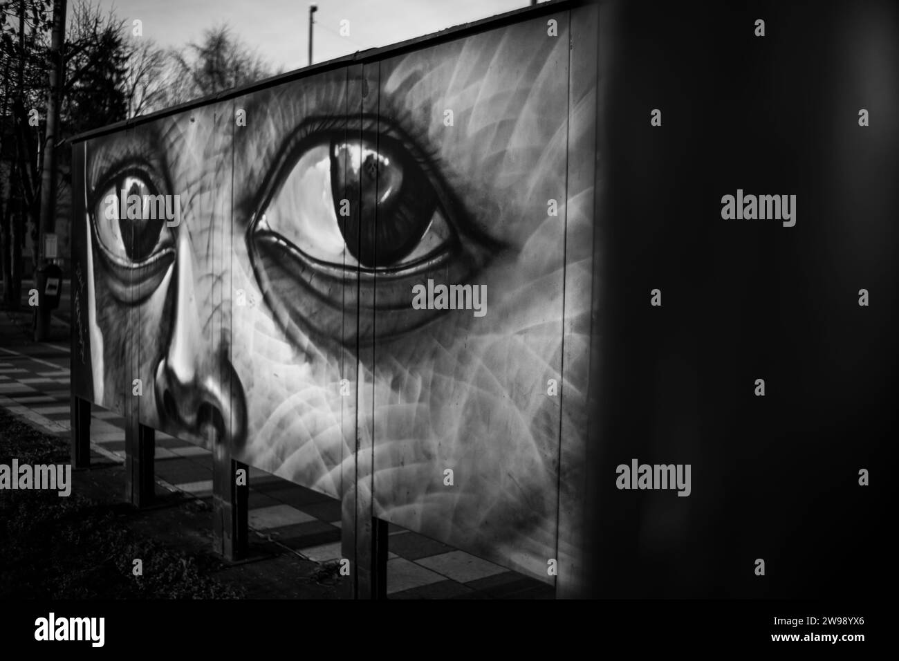 Un murale esposto sulla parete esterna di un edificio situato lungo una strada Foto Stock