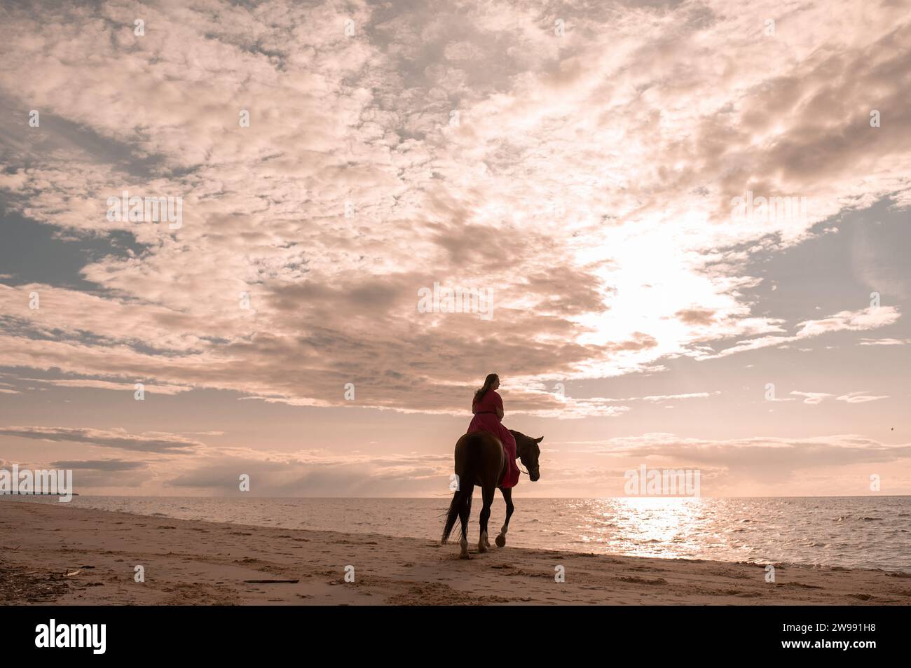 Una giovane donna attraente con un vestito rosa che cavalca il suo cavallo su una spiaggia al tramonto Foto Stock