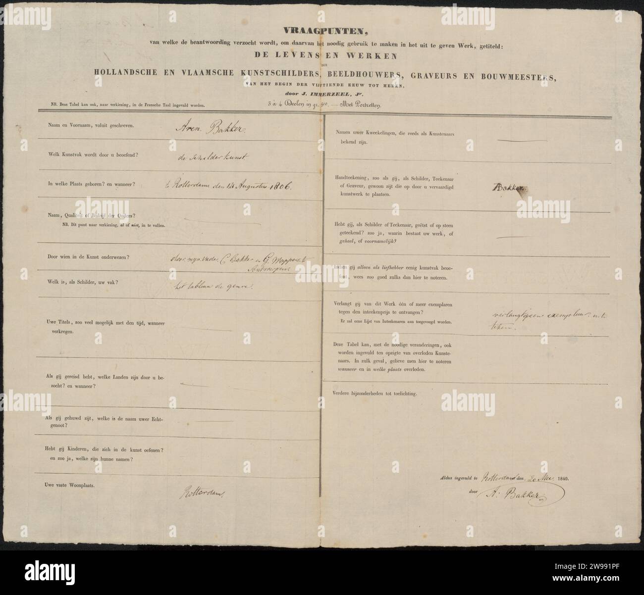 Modulo di indagine compilato da Arend Bakker, Johannes Immerzeel, 1840 manoscritto Rotterdam paper. scrittura inchiostro (processi) / penna / stampa Foto Stock