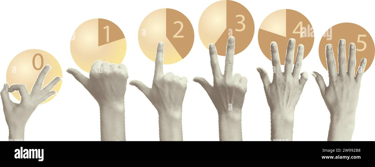 Set di lancette di mezzitoni che mostrano gesti che contano da zero a cinque isolati su sfondo bianco elementi collage creativi di tendenza stile rivista Cut Illustrazione Vettoriale