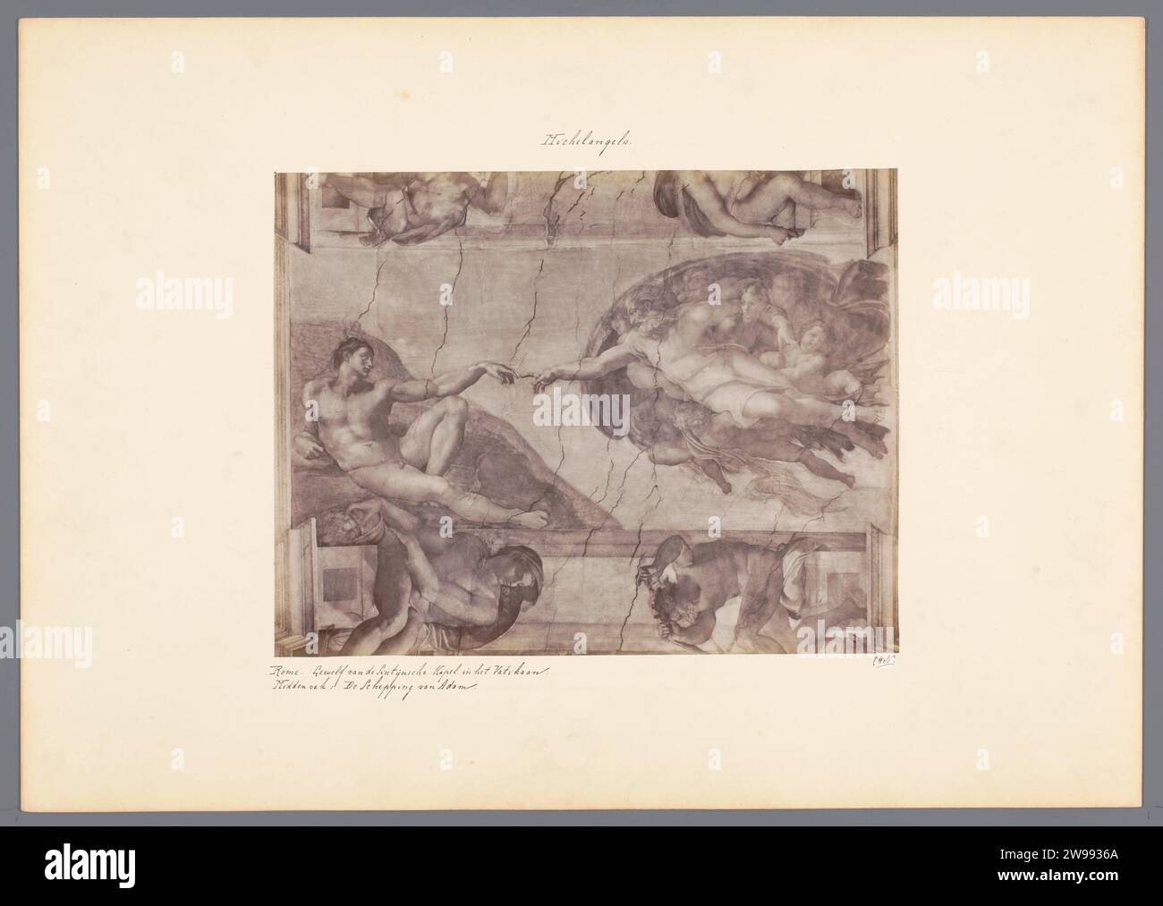 Produzione fotografica dell'affresco la creazione di Adamo, dipinto da Michelangeo nella Cappella Sixtina di Roma, c. 1875 - c. 1900 Fotografia della Cappella Sixtina (Vaticano) cartoncino. supporto fotografico pittura a stampa di albumi (inclusi libri, miniature) (+ intonaco  arts). Dio parla alla Cappella di Adamo Sixtine (Vaticano) Foto Stock