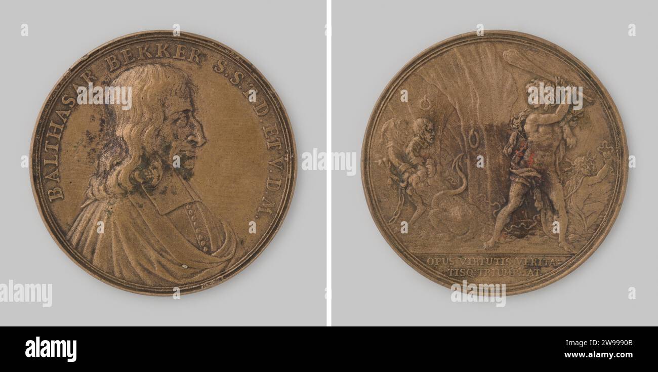 Balthasar Becker Pastor ad Amsterdam 1698 , 1698 medaglia di storia Medaglia di bronzo, sul fronte il busto di Becker a destra con un cambiamento, sul lato negativo Becker interpreta Hercules che combatte un mostro a due teste in una cripta sotterranea, con testo ritagliato. fusione in bronzo (metallo) Foto Stock