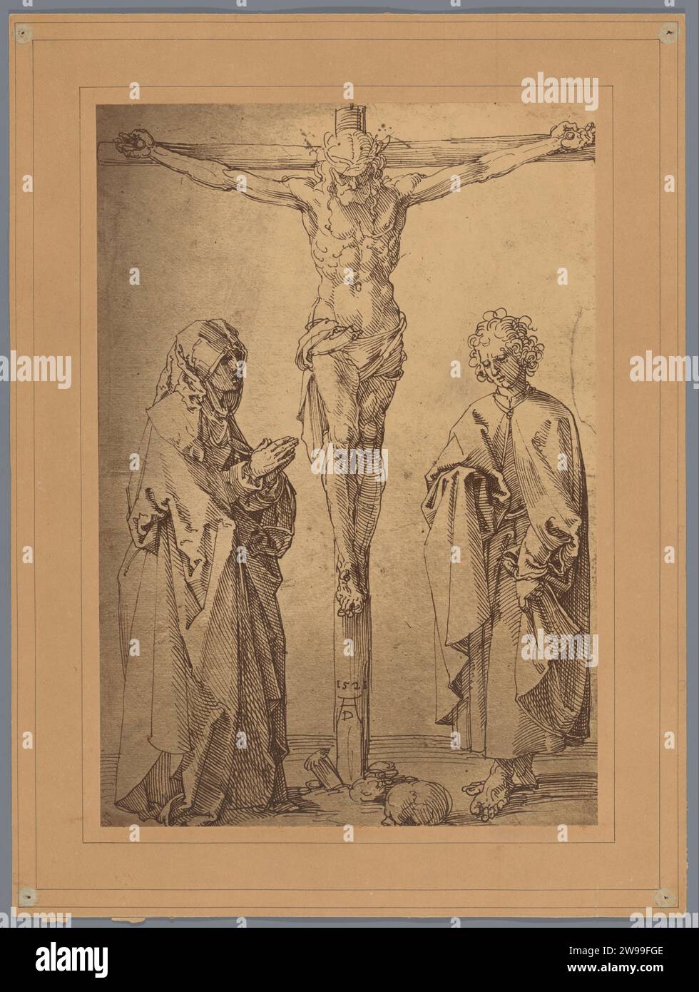 Produzione fotografica di un disegno di Albrecht Dürer, raffigurante Cristo sulla croce con Maria e Johannes, c. 1875 - c. 1900 Fotografia Europa cartone. Supporto fotografico stampa in carbonio Crocifisso Cristo con Maria e Giovanni su entrambi i lati della croce; Holy Rood Europe Foto Stock